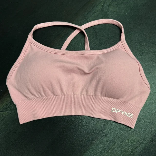 Dfyne Impact Sports Bra for Women Seamless Halter Bra Open Back Yoga Top Bras Medium Support Gym Crop Top Padded Sportswear